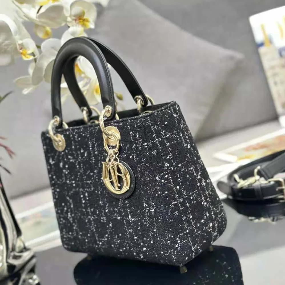 Dior Medium Lady D-lite Bag Black Cannage Tweed for Women Dior Medium Lady D-lite Bag Black Cannage Tweed for Women