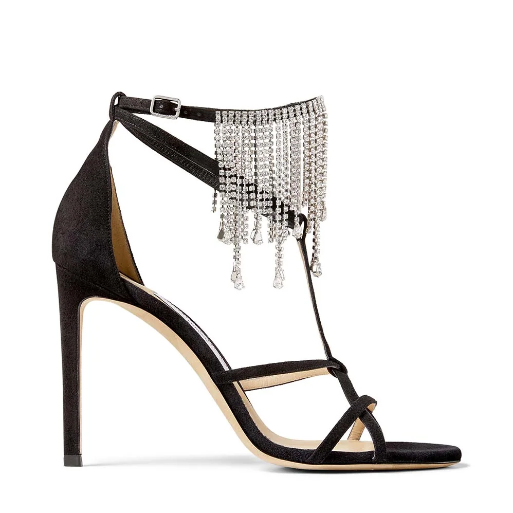 Jimmy Choo Bijou 100 Black Suede Sandals with Crystal Drape for Women