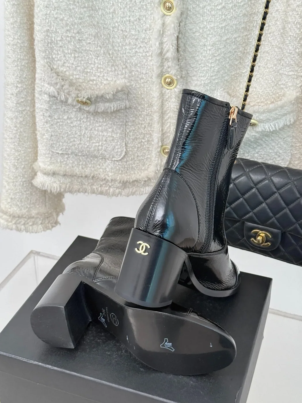 Chanel Glossy Chunky Ankle Heel Boots Black / Chanel Glossy Chunky Ankle Heel Boots Black /