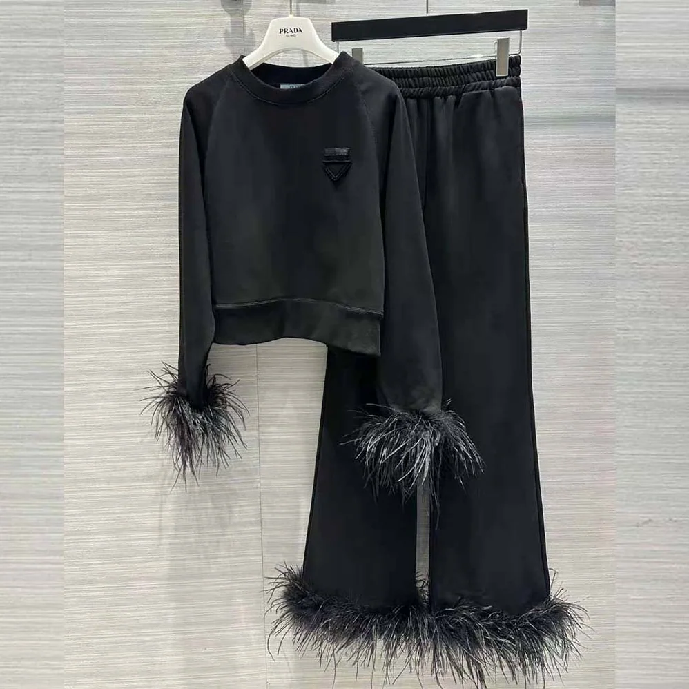 Prada Crew-neck Sweatshirt with Feather Trim for Women in Black