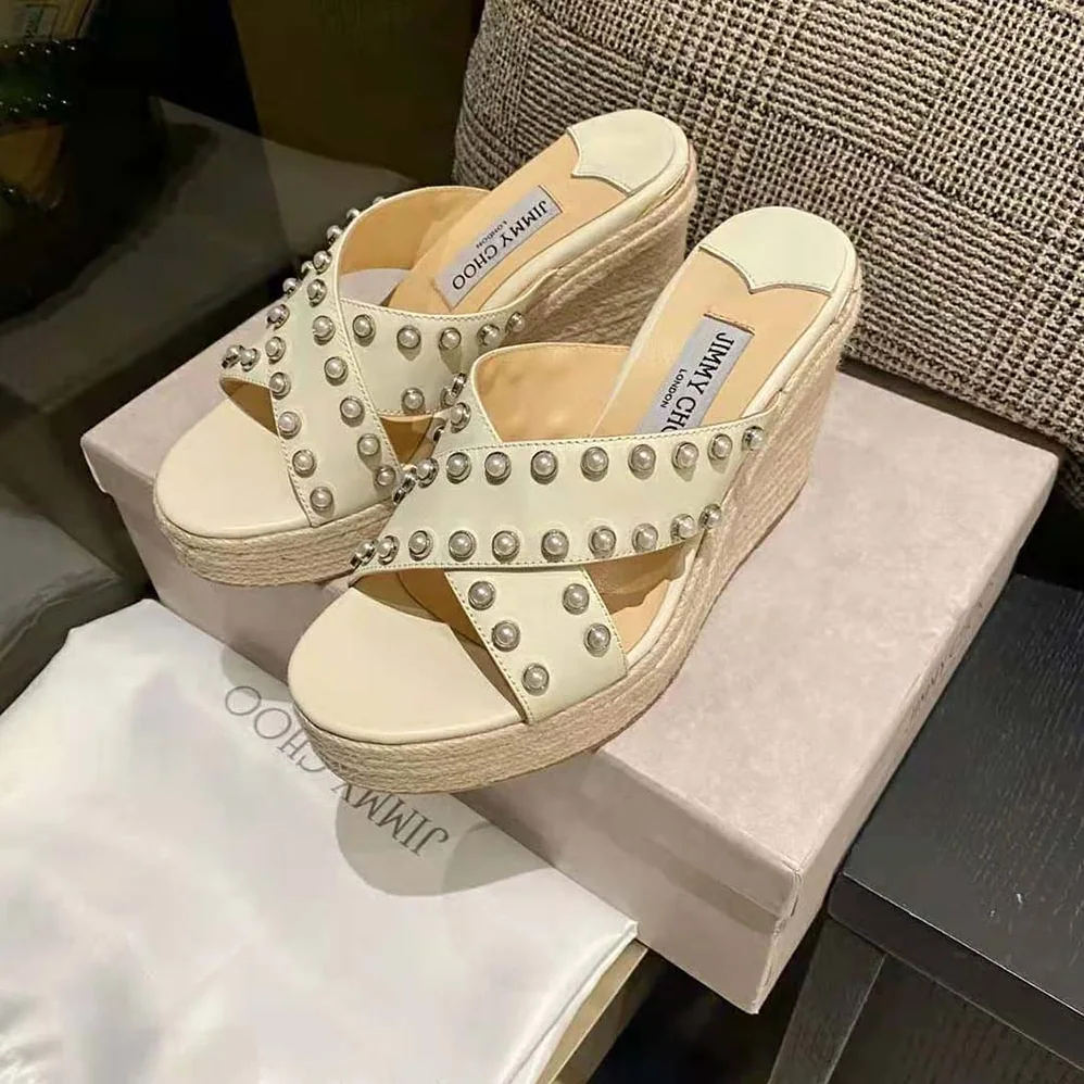 Jimmy Choo Dovina 100 Latte Nappa Wedges with Pearls for Women Jimmy Choo Dovina 100 Latte Nappa Wedges with Pearls for Women