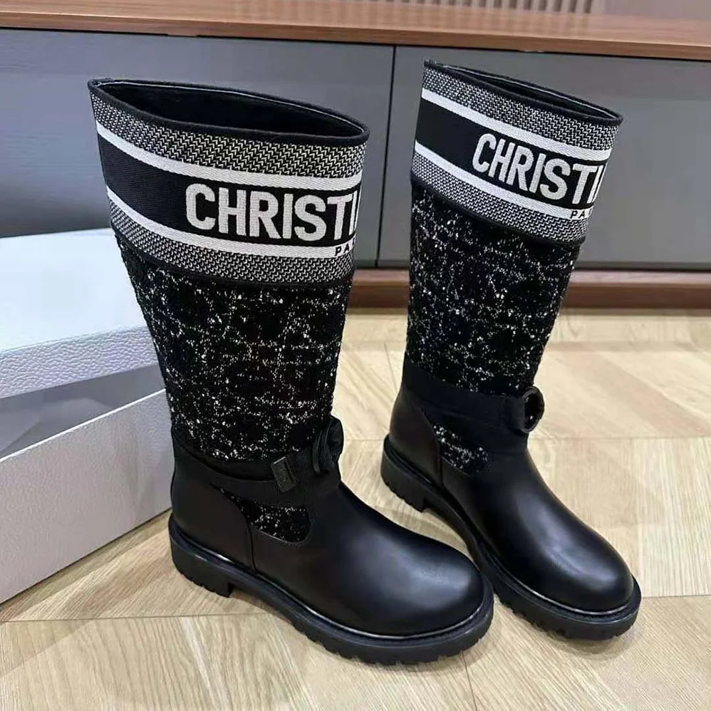 Dior D-Major Boot Black Calfskin with Black and White Cannage Tweed for Women Dior D-Major Boot Black Calfskin with Black and White Cannage Tweed for Women