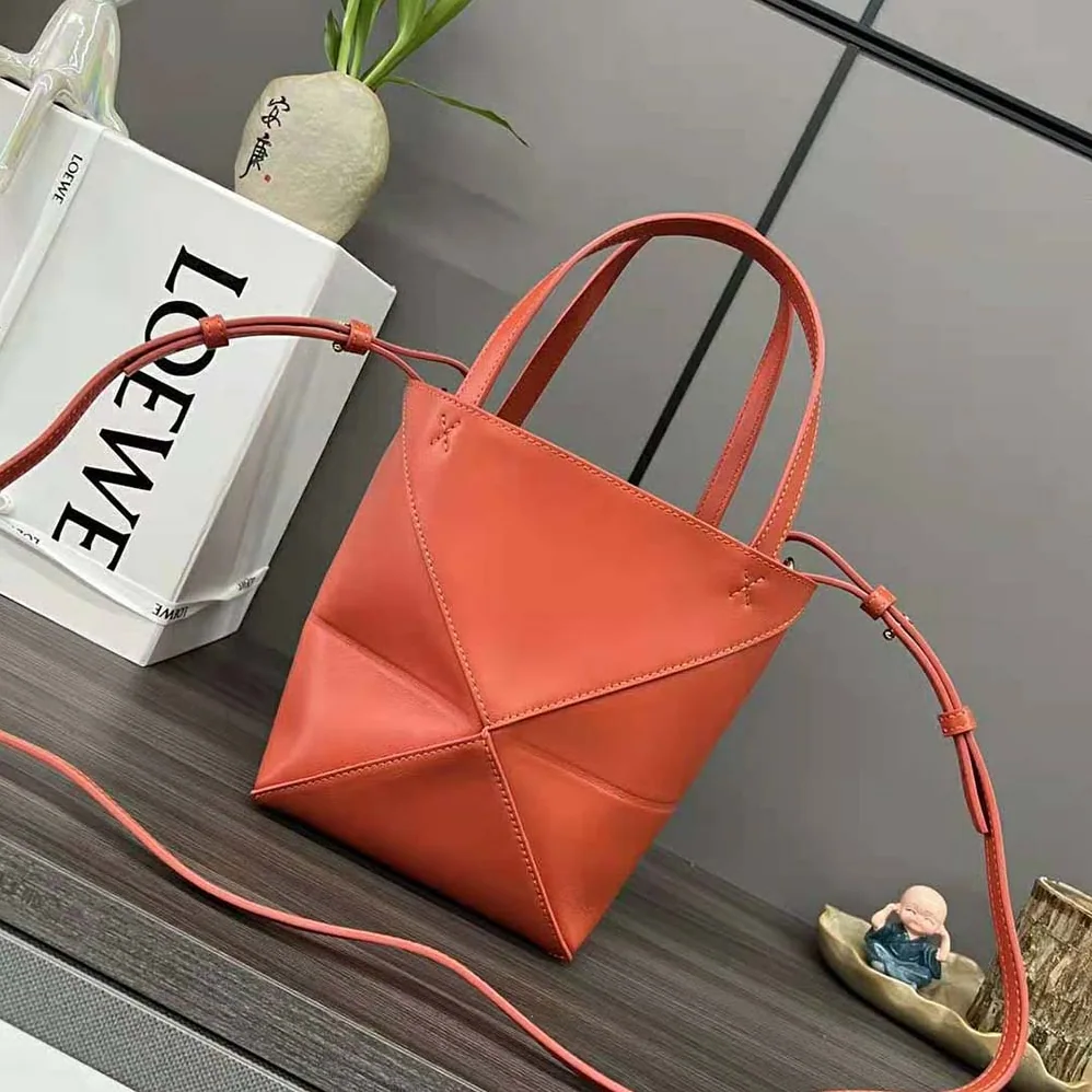 Loewe Mini Puzzle Fold Tote in Shiny Calfskin for Unisex in Orange