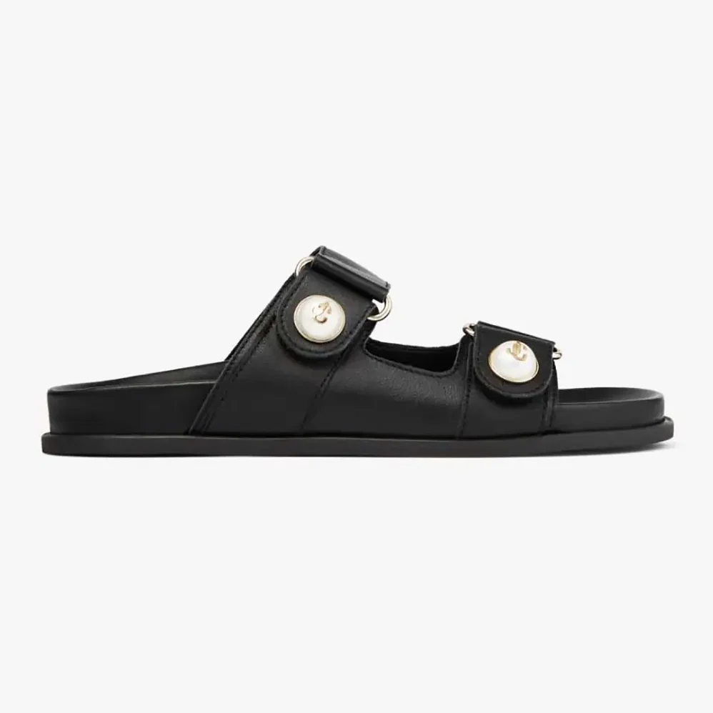 Jimmy Choo Fayence Sandal Black Leather Flat Sandals with Pearl Embellishment for Women