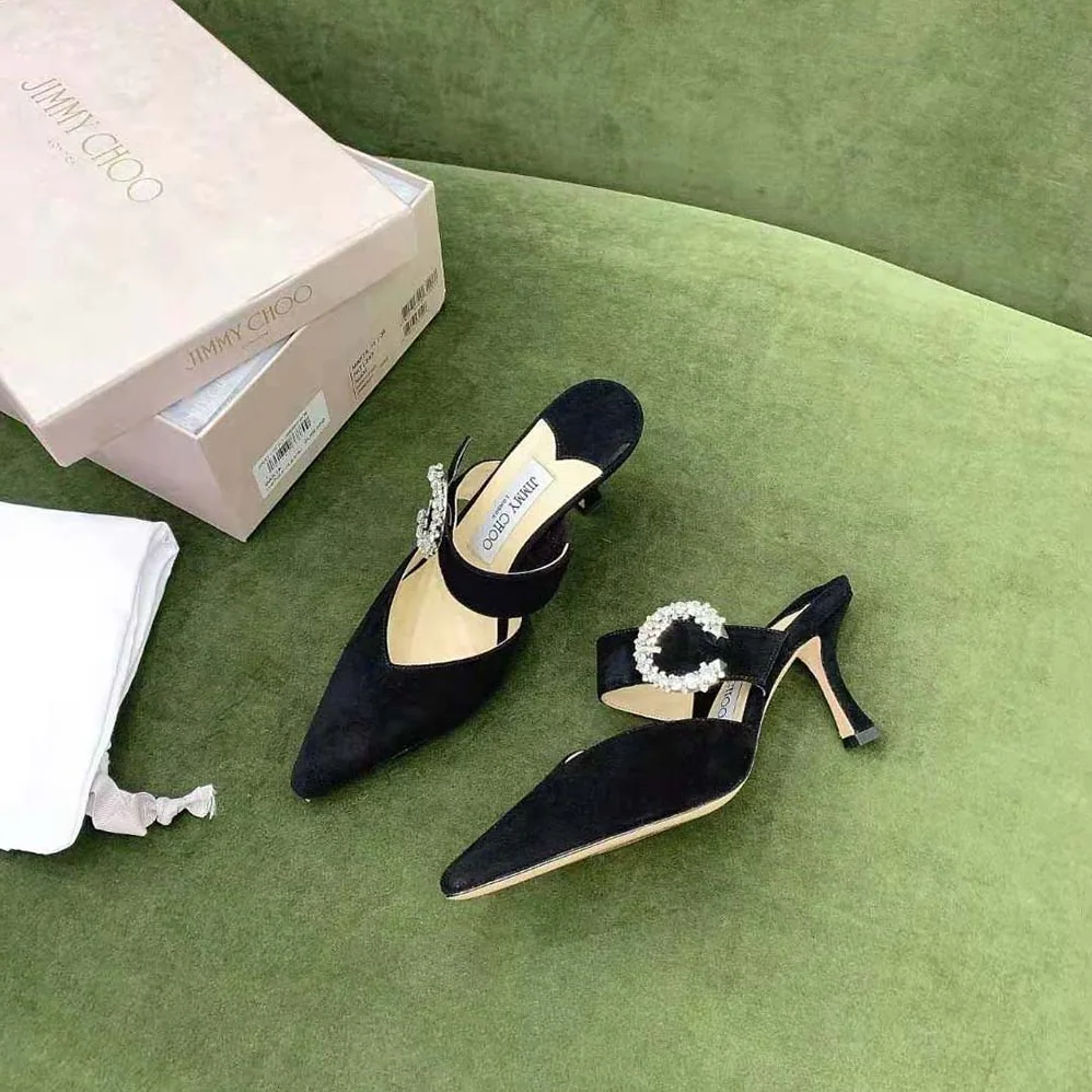 Jimmy Choo Marta 70 Black Suede Mules with Crystal Buckle for Women Jimmy Choo Marta 70 Black Suede Mules with Crystal Buckle for Women