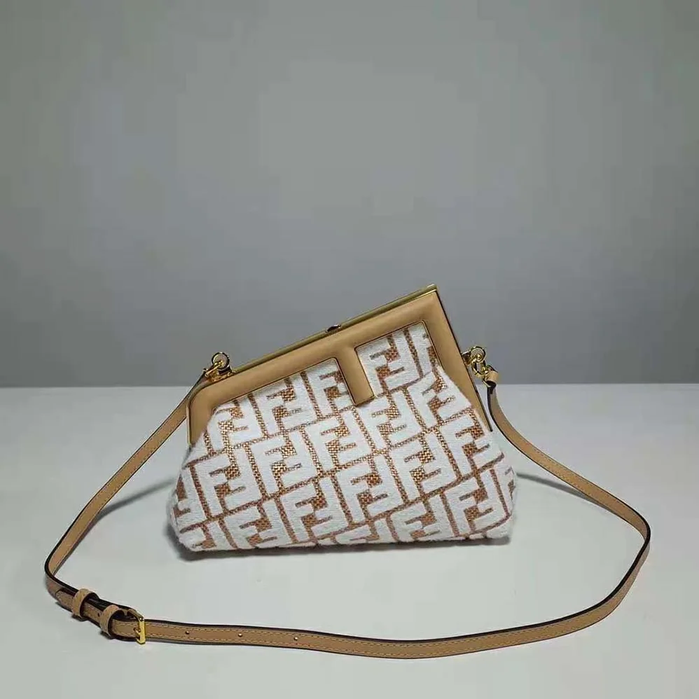 Fendi First Small Raffia Bag with White Tapestry Fabric FF Motif for Women Fendi First Small Raffia Bag with White Tapestry Fabric FF Motif for Women