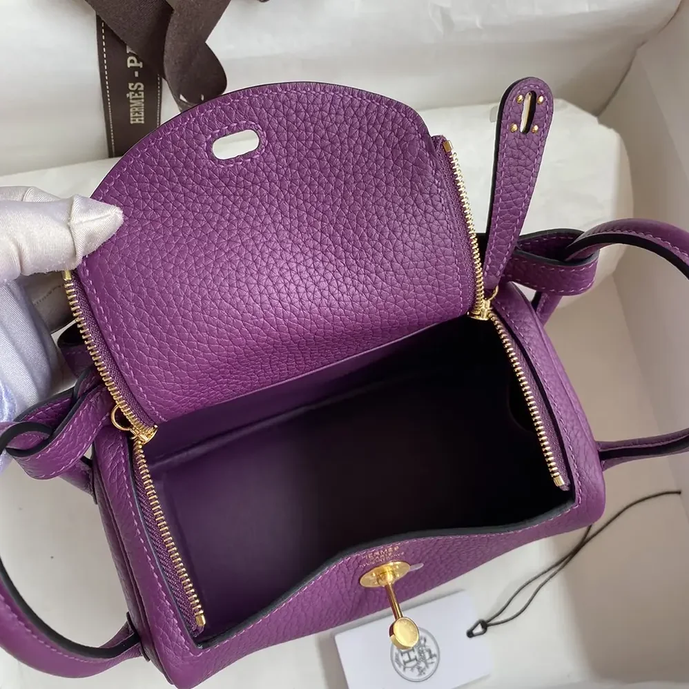 Hermes Lindy Mini 19 in Clemence Leather for Women in Purple/Gold Hermes Lindy Mini 19 in Clemence Leather for Women in Purple/Gold