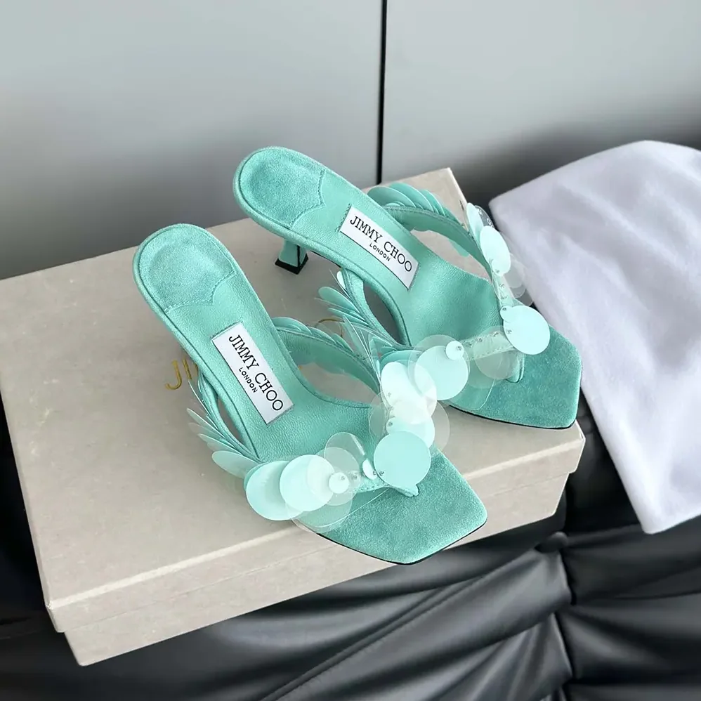 Jimmy Choo Freja 70 Aqua Green Suede Paillette Sandals for Women