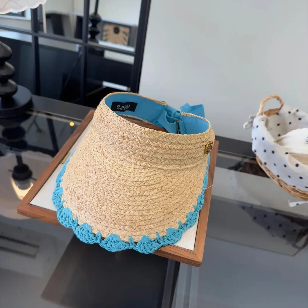 Gucci Crochet-Trimmed Visor Beige/ Blue Straw Gucci Crochet-Trimmed Visor Beige/ Blue Straw