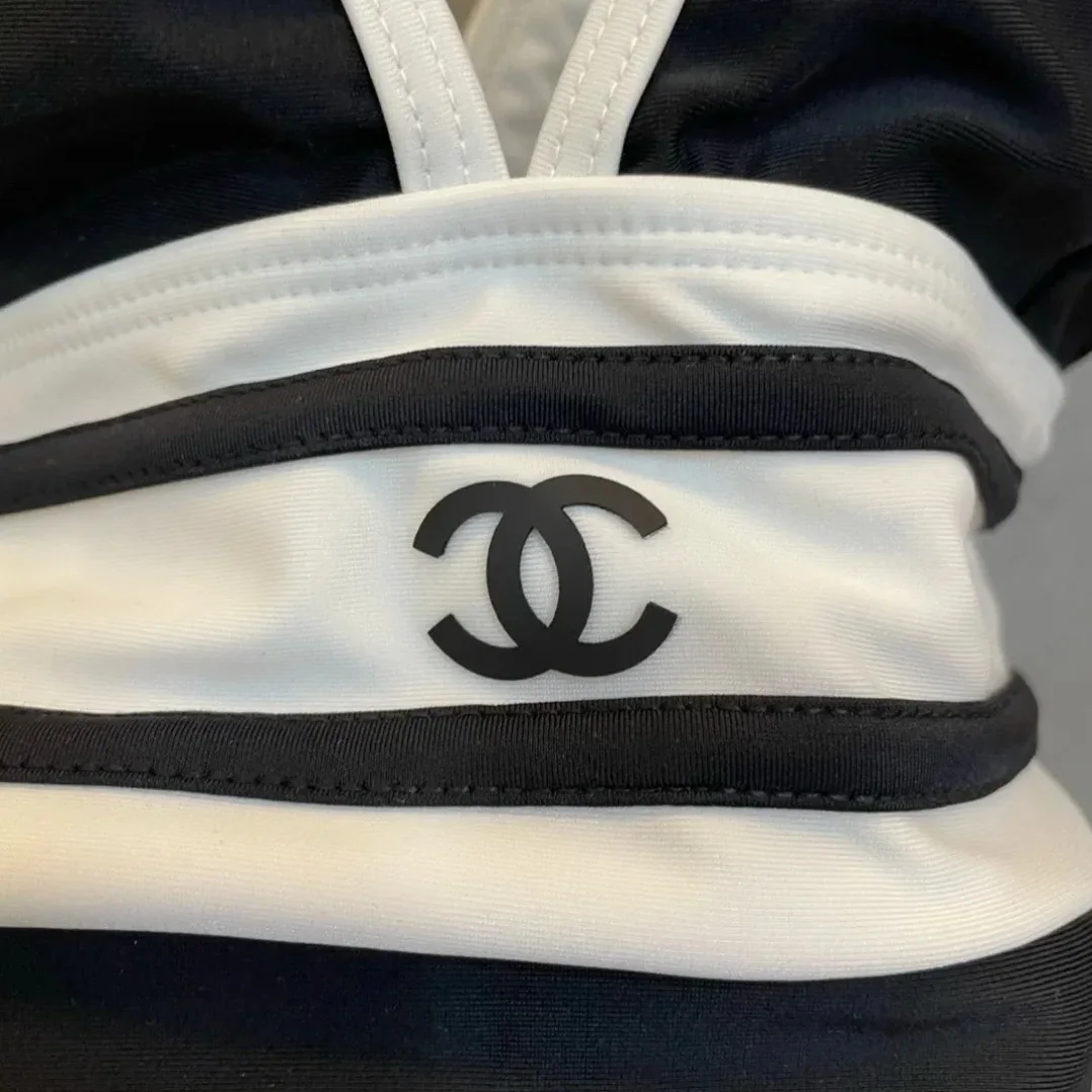 Chanel Striped V-Neck One in Piece Swimsuit Black