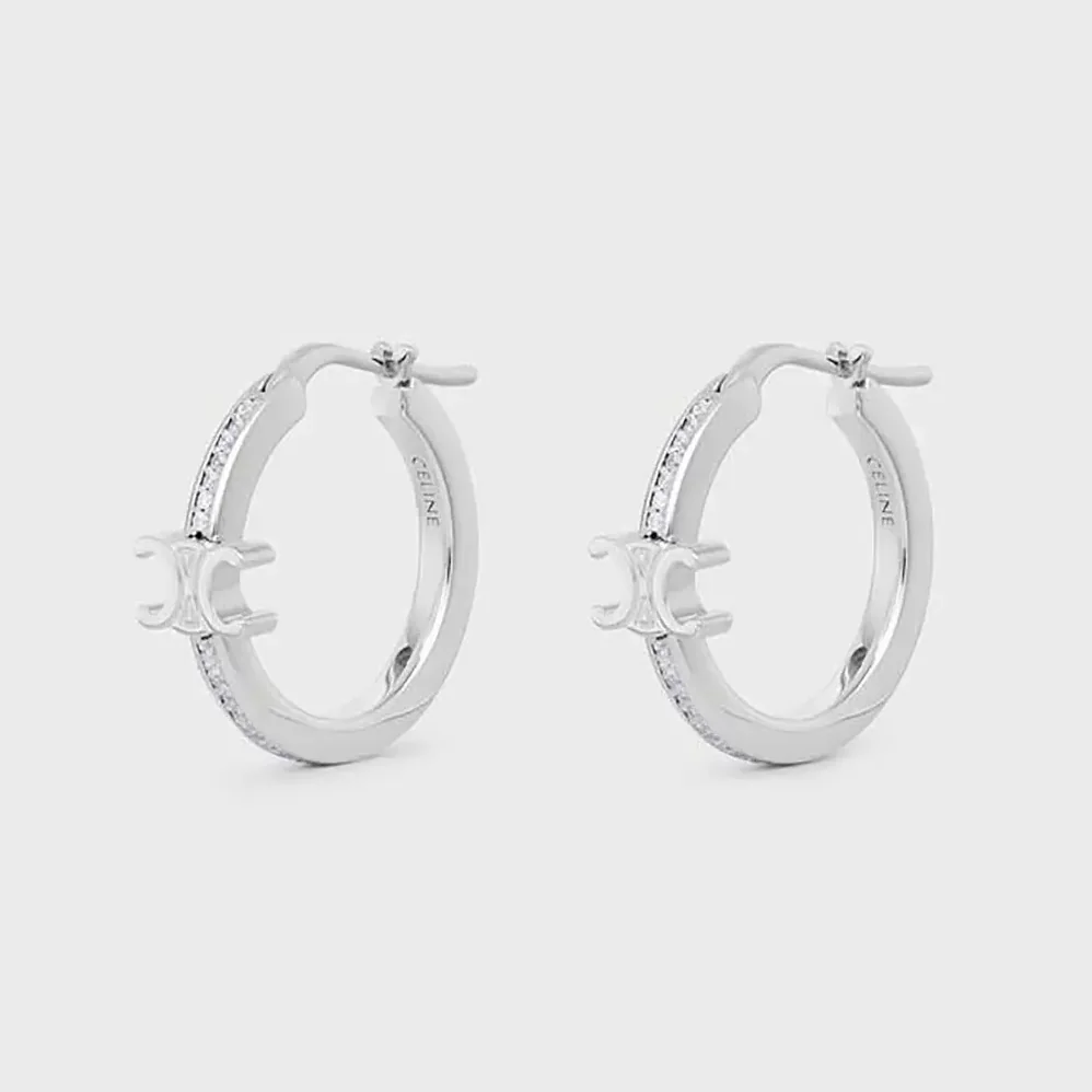 Celine Triomphe Sparkle Hoops in Strass and Brass with Rhodium Finish for Women Celine Triomphe Sparkle Hoops in Strass and Brass with Rhodium Finish for Women