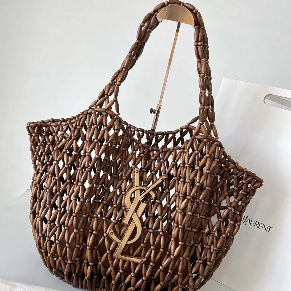 Saint Laurent YSL Icare Medium In Wood Beads Dark Brown for Women Saint Laurent YSL Icare Medium In Wood Beads Dark Brown for Women