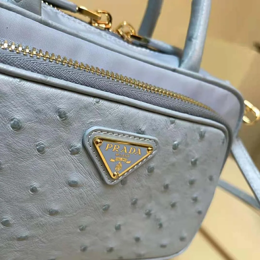 Prada Re-Nylon and Ostrich Leather Two-handle Bag for Women in Blue