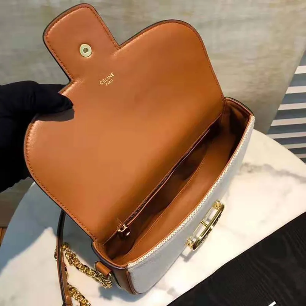 Celine Medium Chain Maillon Triomphe Bag in Textile and Calfskin for Women Celine Medium Chain Maillon Triomphe Bag in Textile and Calfskin for Women