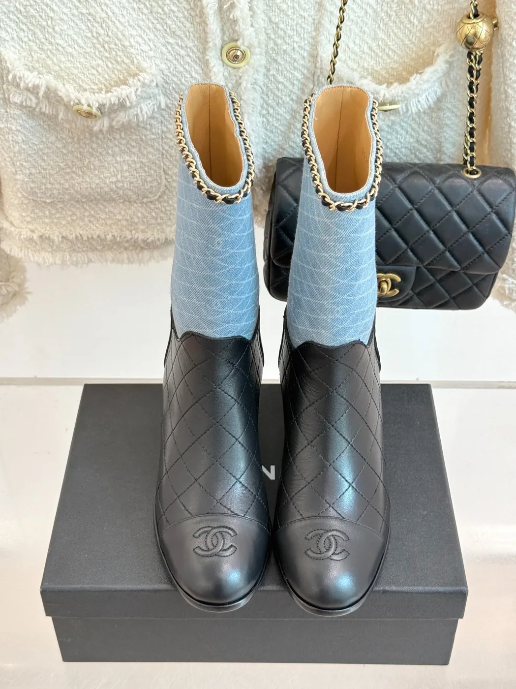 Chanel Double C Chunky Heel Boots With Chain Detail Light Blue Denim