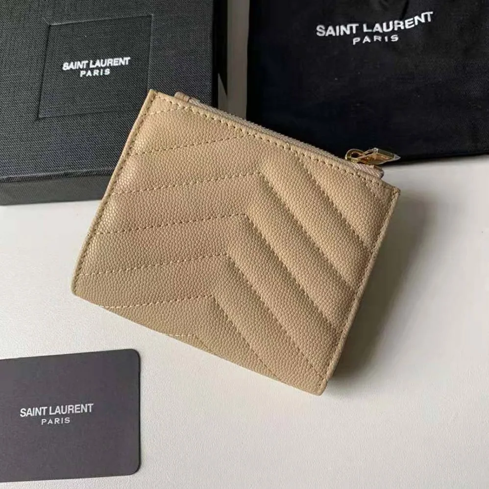 Saint Laurent YSL Monogram Zipped Card Case in Grain DE Poudre Embossed Leather for Women in Pink Saint Laurent YSL Monogram Zipped Card Case in Grain DE Poudre Embossed Leather for Women in Pink
