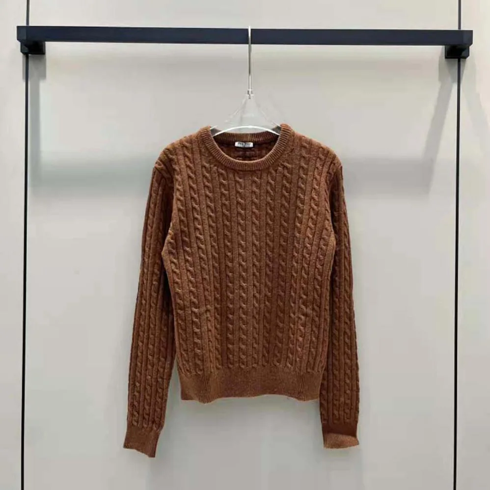 Miu Miu Cashmere Sweater with Knit Logo Patch for Women in Brown Miu Miu Cashmere Sweater with Knit Logo Patch for Women in Brown