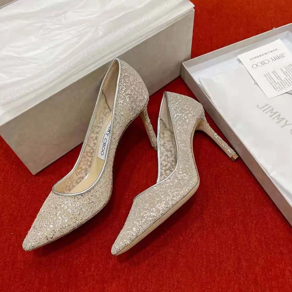 Jimmy Choo Romy 85 Silver Glitter Tulle and Metallic Nappa Pointy for Women in Toe Pumps