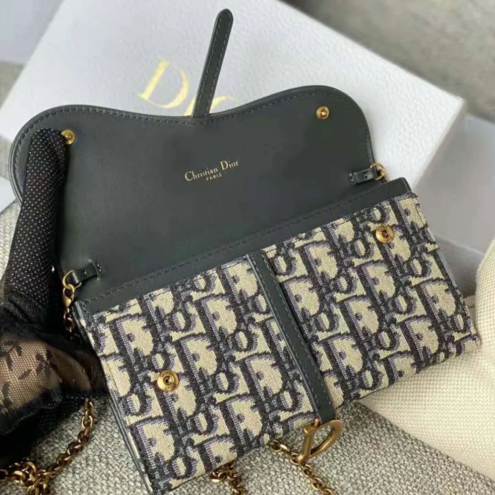 Dior Long Saddle Wallet with Chain Blue Dior Oblique Jacquard for Women Dior Long Saddle Wallet with Chain Blue Dior Oblique Jacquard for Women