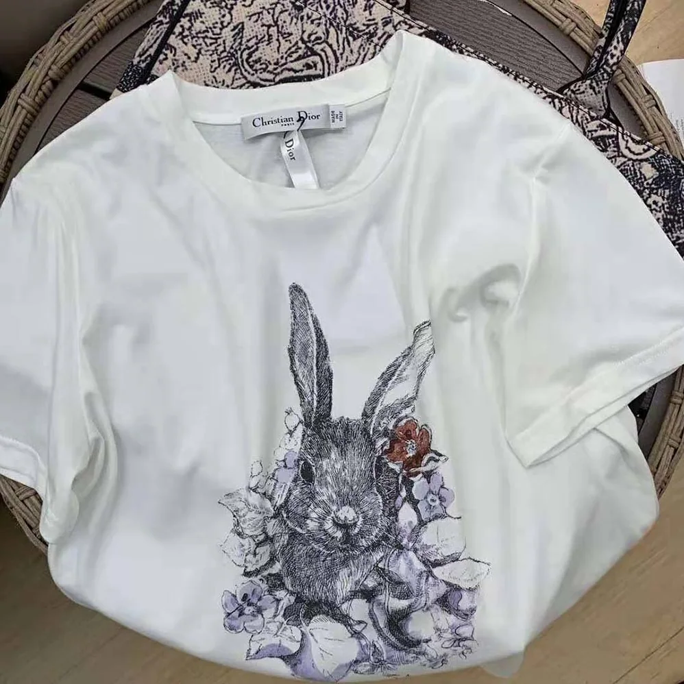 Dior T-shirt Ecru Cotton Jersey and Linen with Dior Jardin Magique Motif for Women
