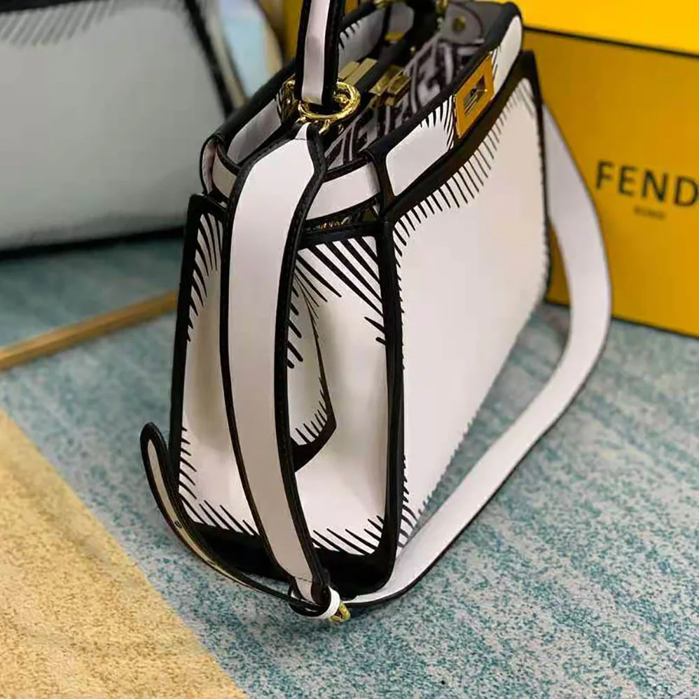 Fendi Peekaboo Iconic Medium White Leather FF Print Bag for Women Fendi Peekaboo Iconic Medium White Leather FF Print Bag for Women