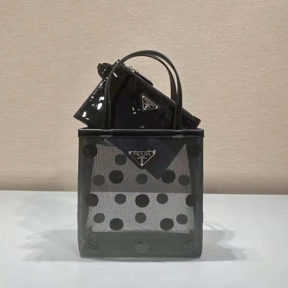 Prada Small Polka-Dot Mesh Tote Bag for Women in Black Prada Small Polka-Dot Mesh Tote Bag for Women in Black