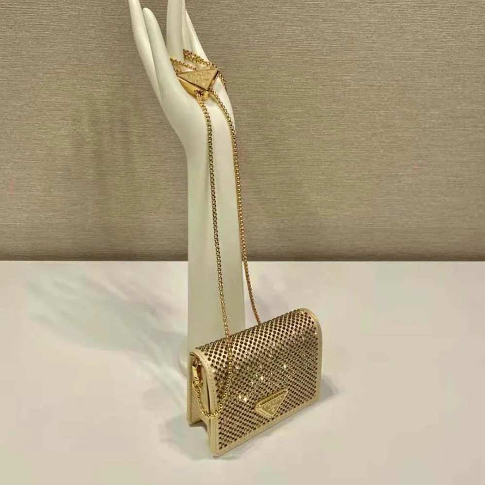 Prada Cardholder with Shoulder Strap and Crystals for Women in Gold