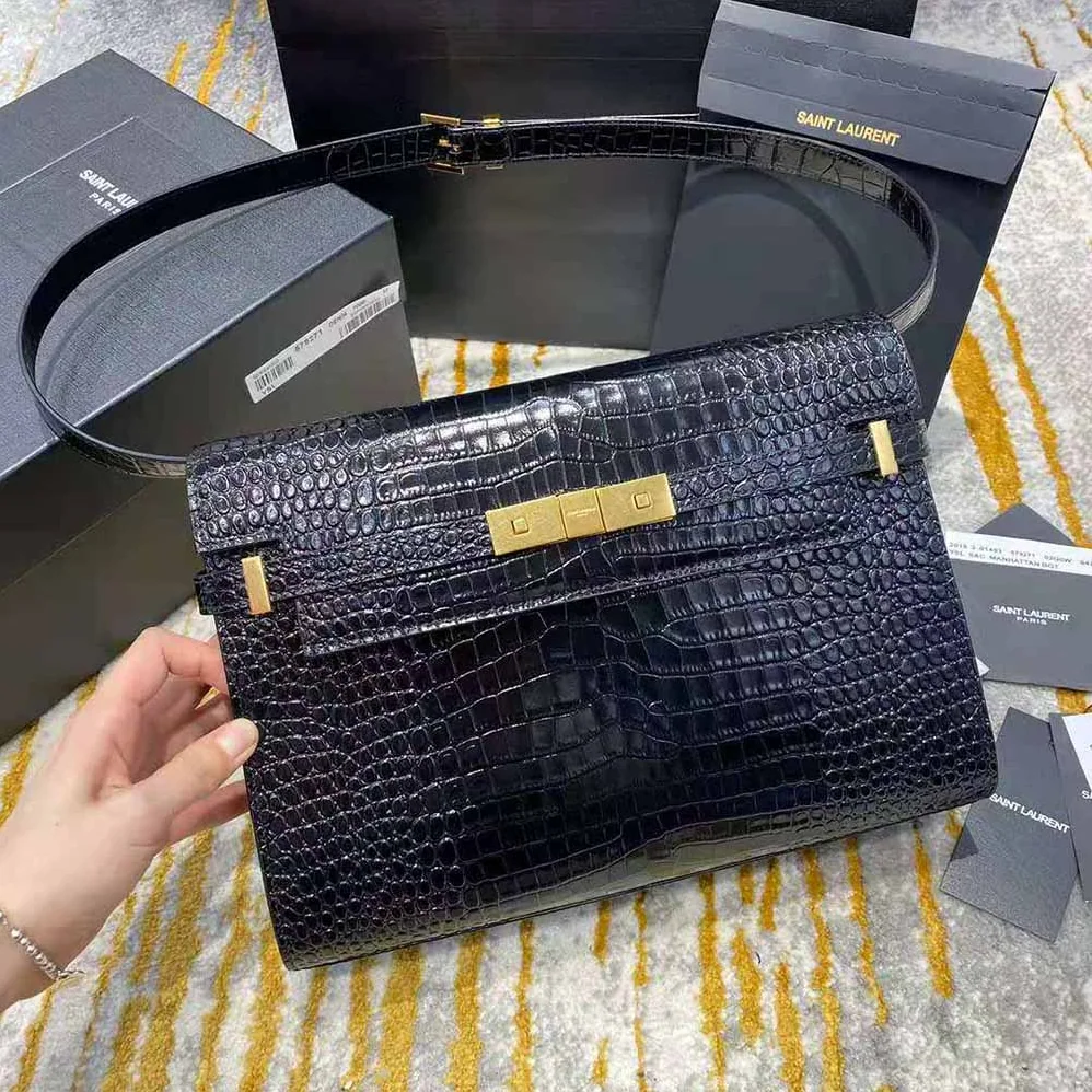 Saint Laurent YSL Manhattan Shoulder Bag in Crocodile for Women in Embossed Shiny Leather