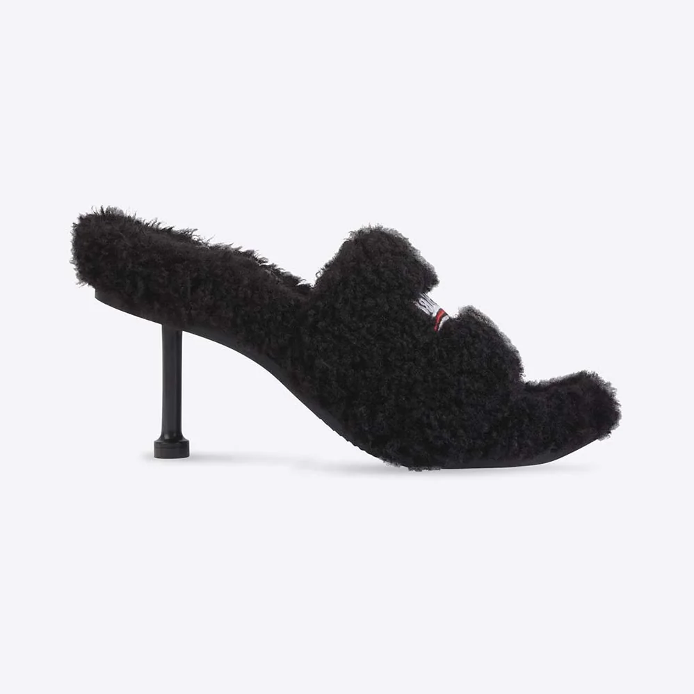 Balenciaga Furry 80mm Sandal in Black Fake Shearling for Women Balenciaga Furry 80mm Sandal in Black Fake Shearling for Women