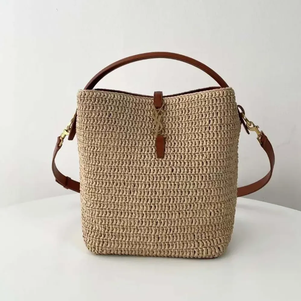 Saint Laurent YSL Le 37 Leather for Women in trimmed Raffia Bucket Bag Saint Laurent YSL Le 37 Leather for Women in trimmed Raffia Bucket Bag