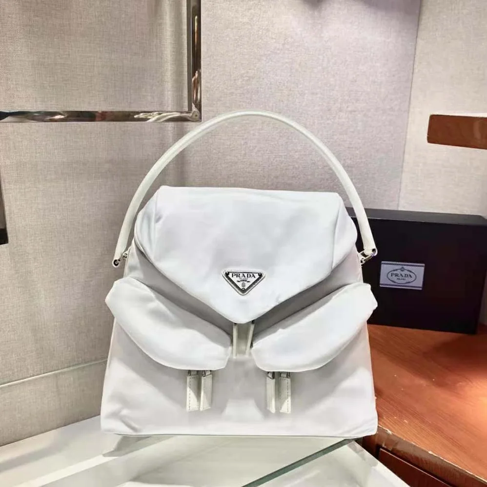 Prada Signaux Nylon and Leather Hobo Bag for Women in White Prada Signaux Nylon and Leather Hobo Bag for Women in White