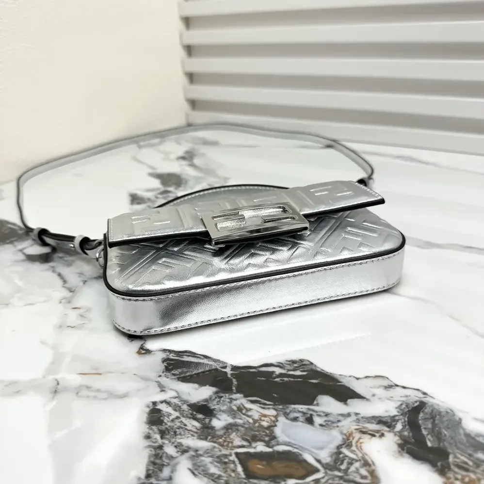 Fendi Baguette Phone Pouch Craquelé Silver Leather Pouch for Women