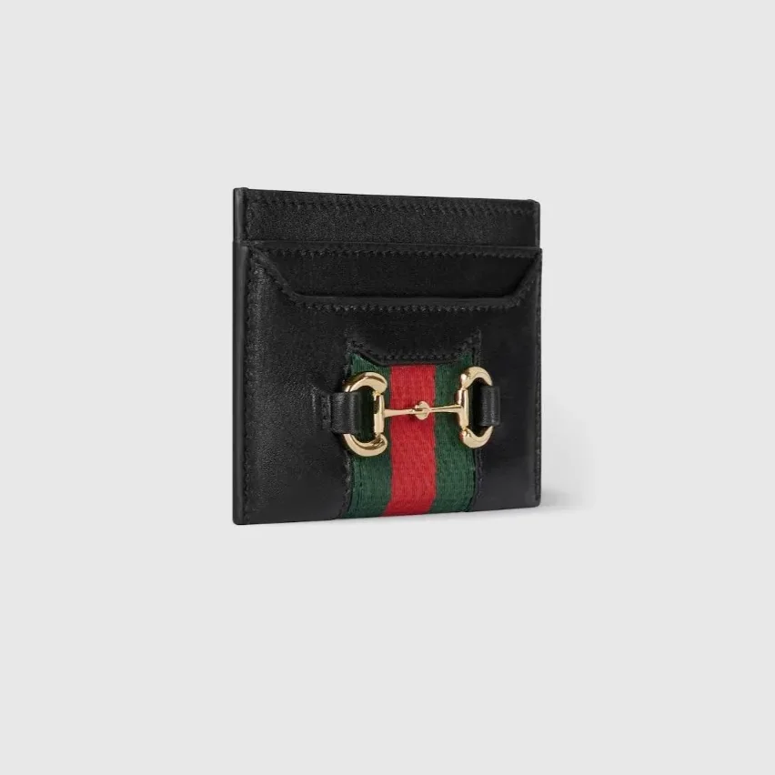 Gucci Horsebit Web Card Case in Black Gold Hardware