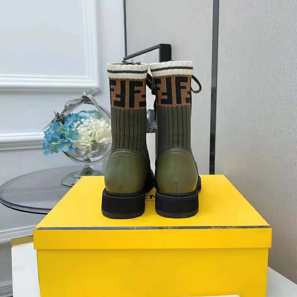 Fendi Rockoko Green Leather Biker Boots with Sstretch Fabric for Women