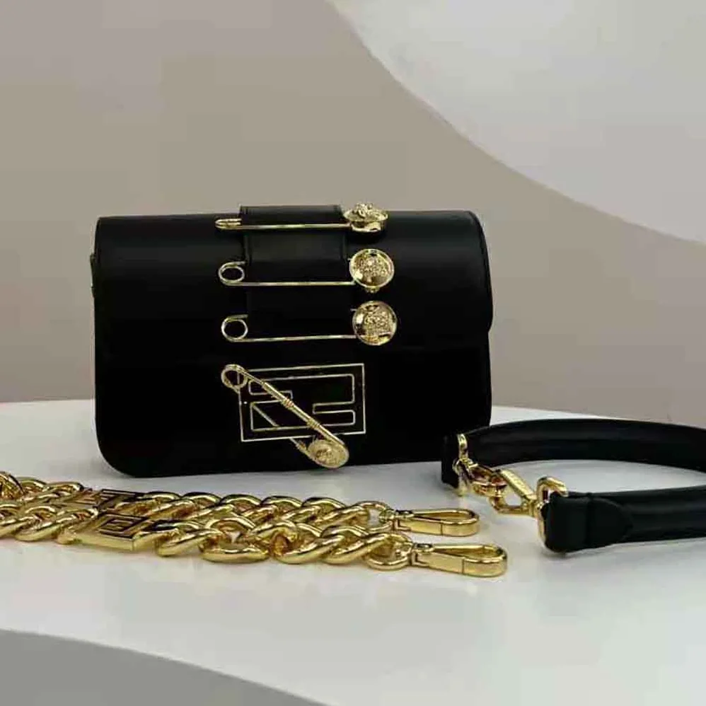 Fendi Brooch Mini Baguette Fendace Black Leather Bag for Women Fendi Brooch Mini Baguette Fendace Black Leather Bag for Women