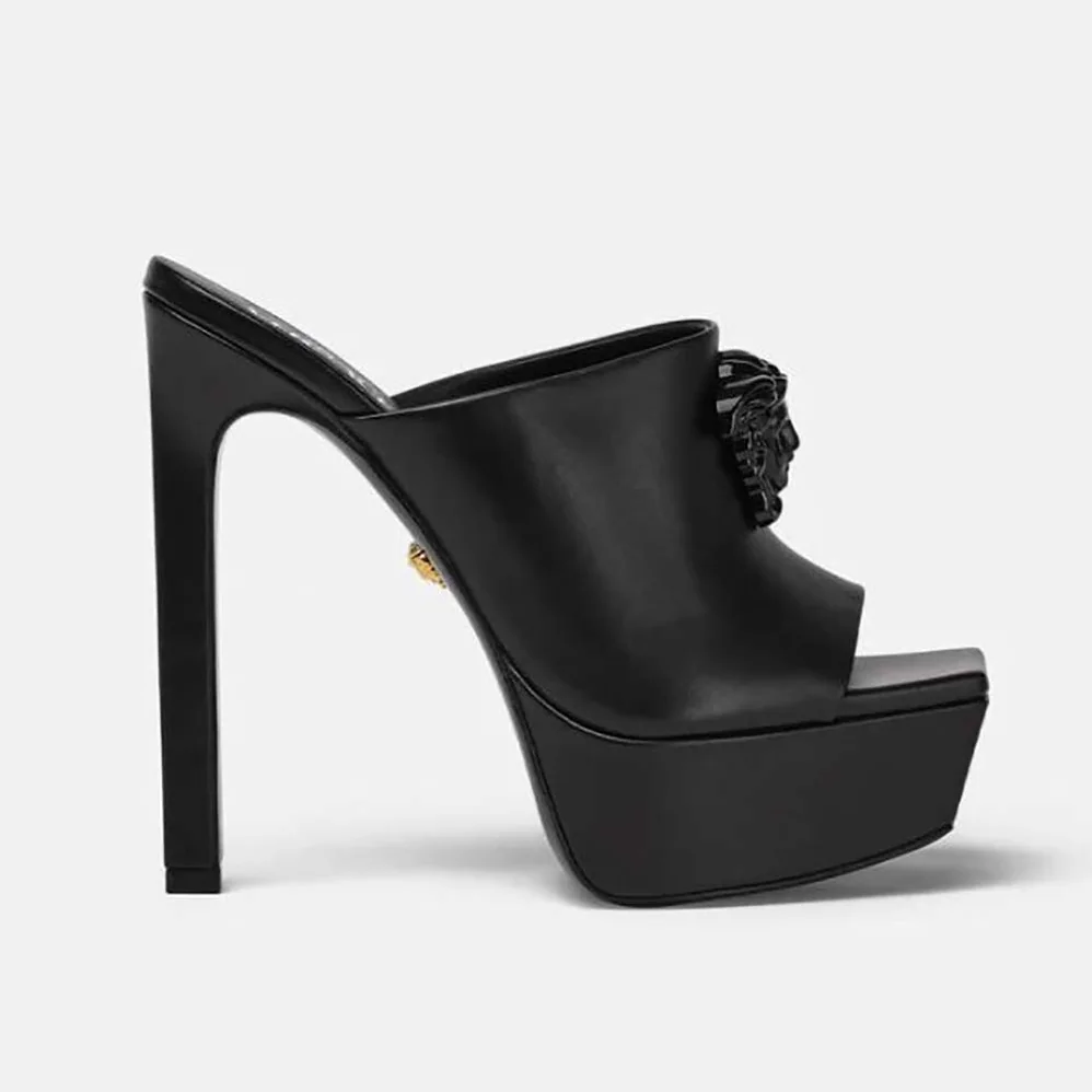 Versace La Medusa Platform Mules in Calf Leather for Women in Black Versace La Medusa Platform Mules in Calf Leather for Women in Black