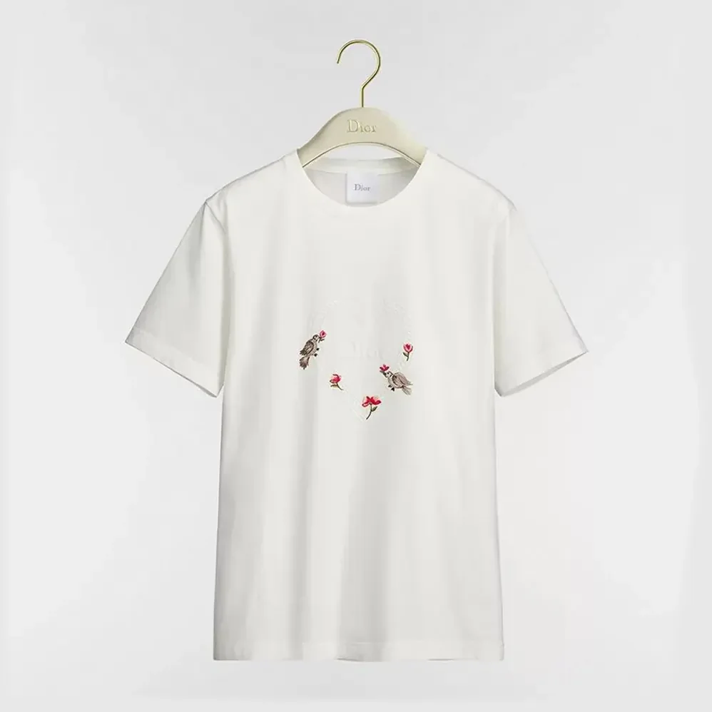 Dior Dioramour Fitted T-Shirt White Cotton Jersey with Multicolor Doves & Roses Motif for Women Dior Dioramour Fitted T-Shirt White Cotton Jersey with Multicolor Doves & Roses Motif for Women