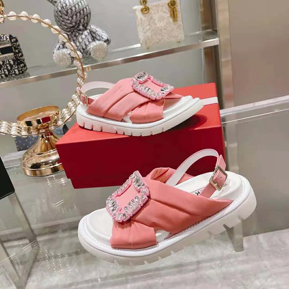 Roger Vivier Viv Winter Puffy Strass Buckle Sandals in Satin for Women in Pink
