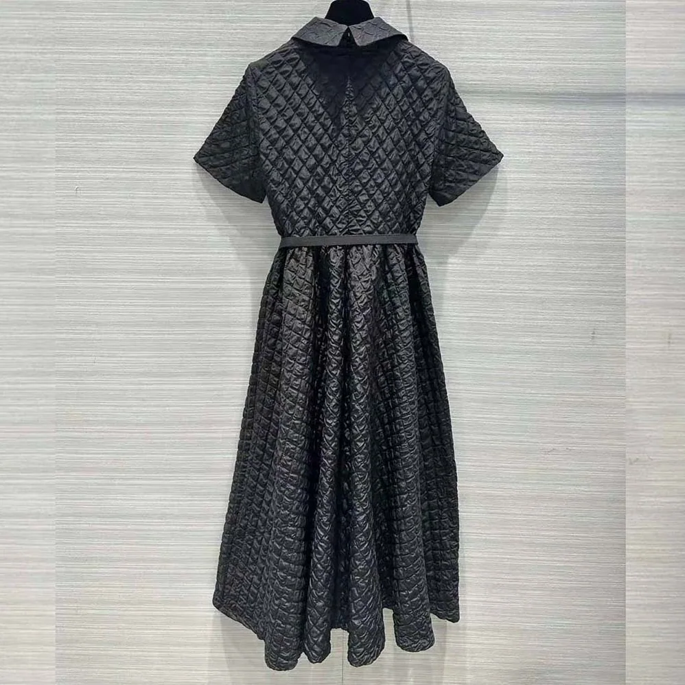 Dior Mid-Length Belted Dress Black Matte Cloqué Technical Fabric for Women