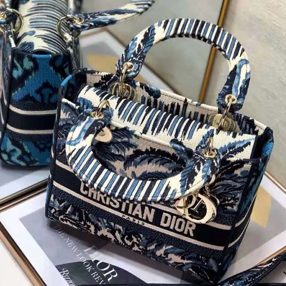 Dior Medium Lady D-lite Bag Blue Dior Palms Embroidery for Women