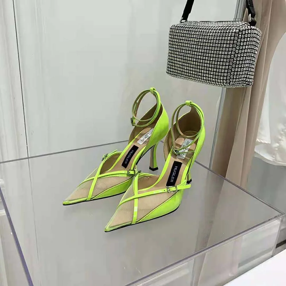 Jimmy Choo Mugler Strap Pump Neon Yellow Patent and Mesh Pumps with Straps for Women Jimmy Choo Mugler Strap Pump Neon Yellow Patent and Mesh Pumps with Straps for Women