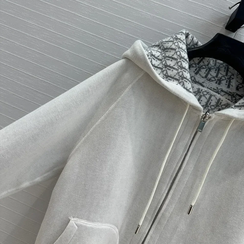 Dior Hooded Track Jacket White Cotton Knit and Cashmere for Men