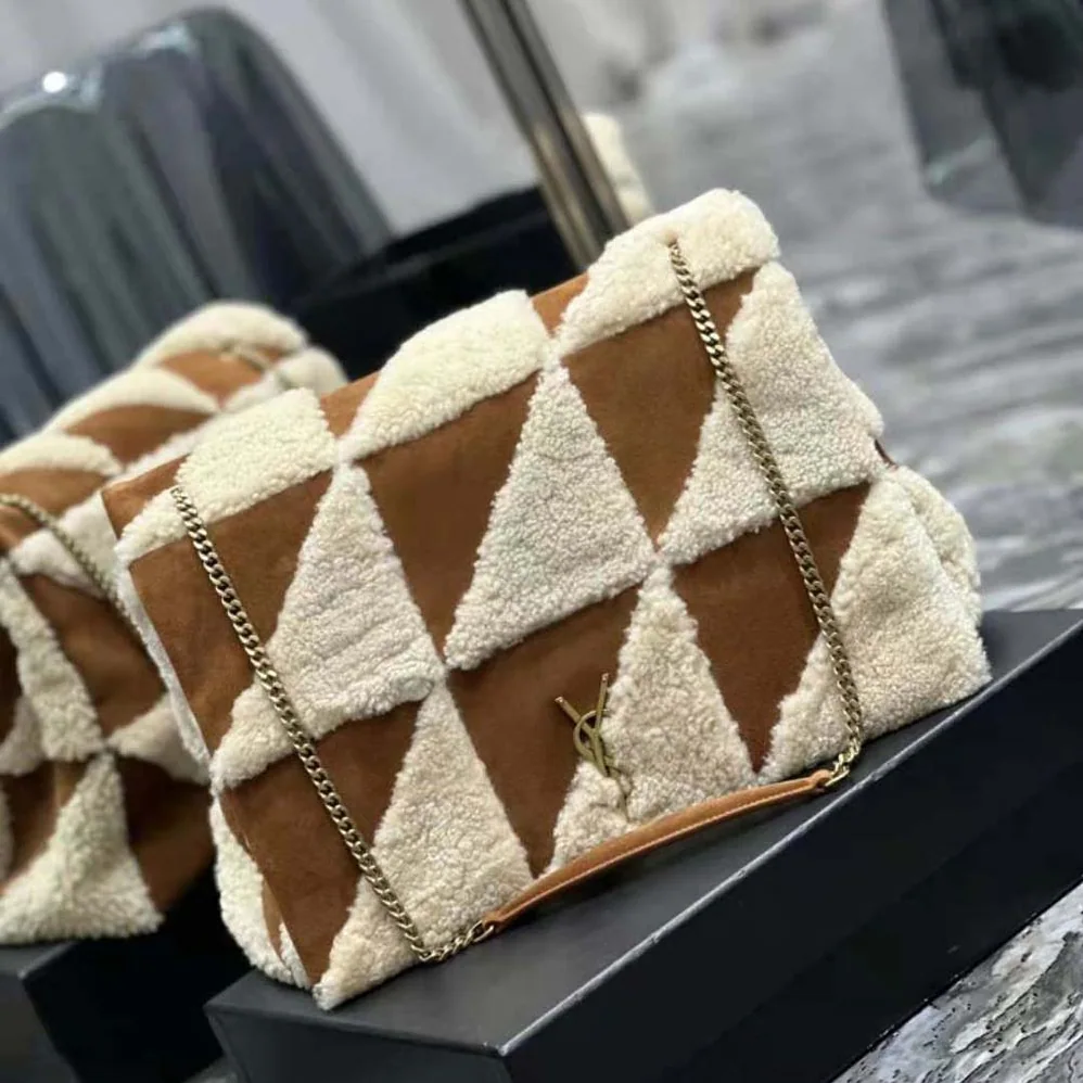 Saint Laurent YSL Jamie Giant Chain Bag “Carré Rive Gauche” in Suede and Shearling Patchwork for Women in Brown Saint Laurent YSL Jamie Giant Chain Bag “Carré Rive Gauche” in Suede and Shearling Patchwork for Women in Brown