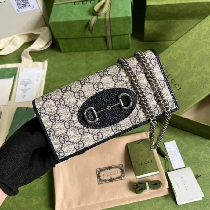 Gucci Horsebit 1955 Wallet With Chain Beige And Blue / Gucci Horsebit 1955 Wallet With Chain Beige And Blue /