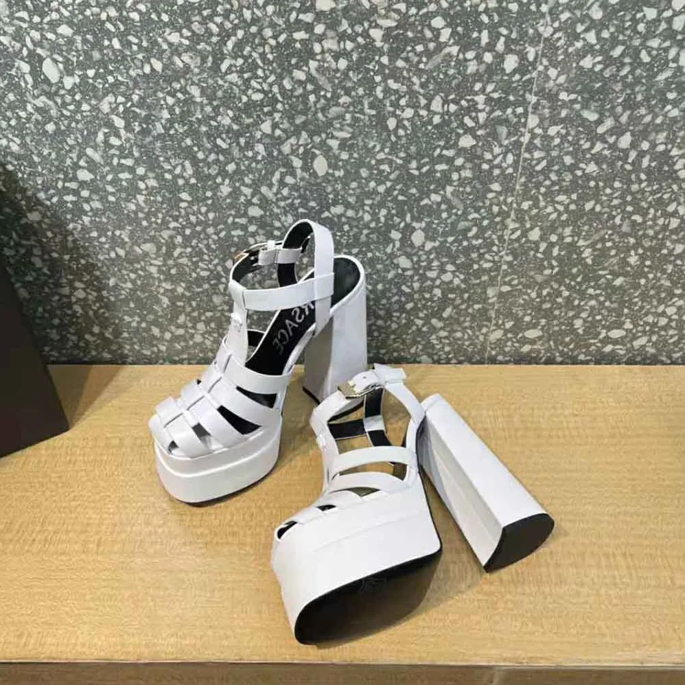 Versace La Medusa Platform Sandals in Calf Leather for Women in White Versace La Medusa Platform Sandals in Calf Leather for Women in White