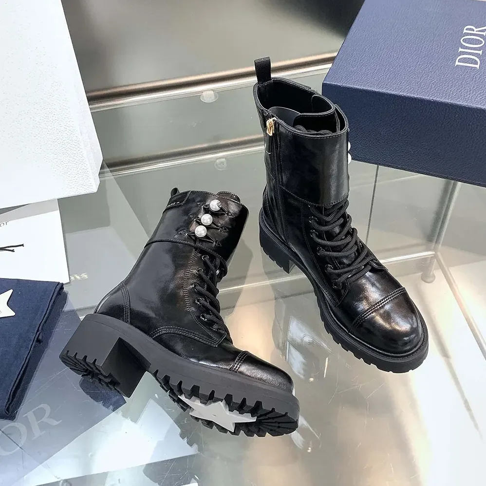 Dior D-Strike Ankle Boot Black Matte Calfskin and White Resin Pearls for Women Dior D-Strike Ankle Boot Black Matte Calfskin and White Resin Pearls for Women
