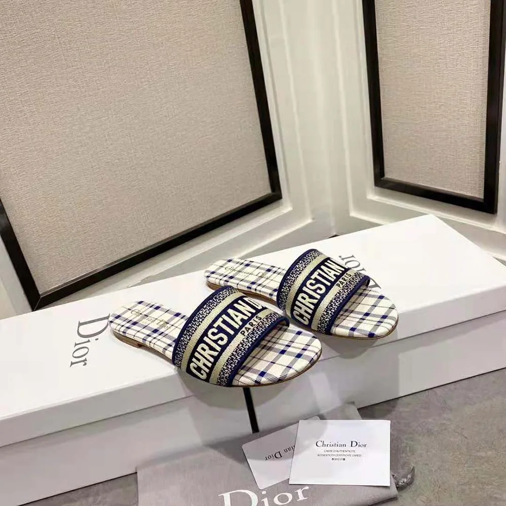 Dior Dway Slide French Blue Check n Dior Embroidered Cotton for Women Dior Dway Slide French Blue Check n Dior Embroidered Cotton for Women