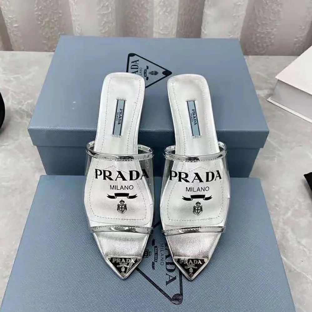 Prada Logo-Print Plexiglas Slides for Women in Silver Prada Logo-Print Plexiglas Slides for Women in Silver