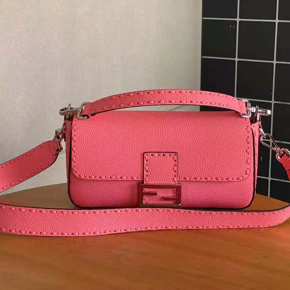 Fendi Baguette Pink Selleria Bag with Oversized Topstitching for Women