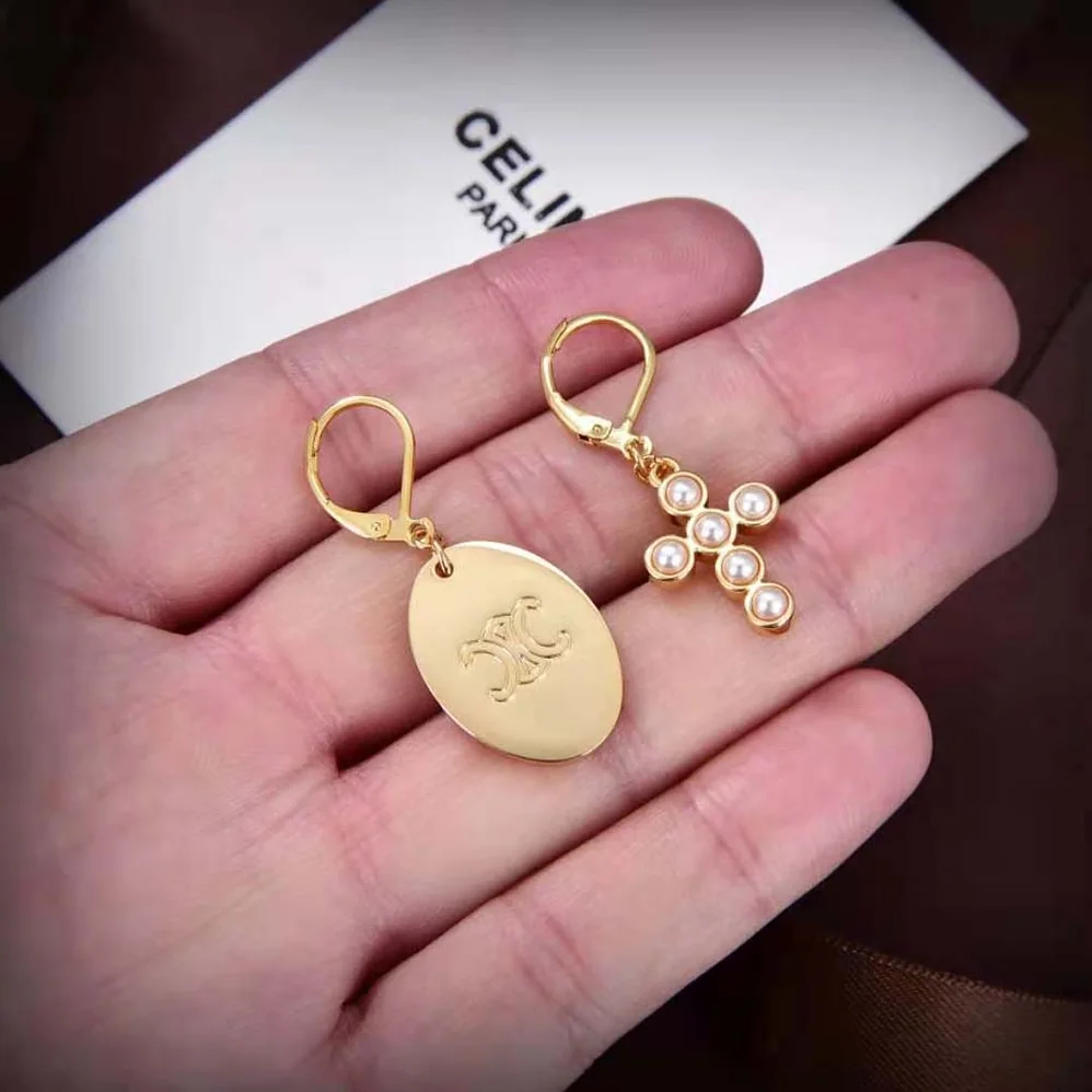 Celine Triomphe Folk Earrings in Brass with Gold Finish and Resin Pearls for Women